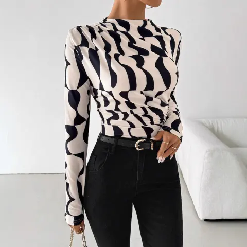 Small Stand Collar Pleated Edge Printing Slim Fit Slimming