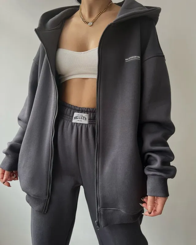 Women's Long Sleeve Fleece Pullover Trousers Fashion Printed Hooded Suits Dark Gray - Shop at LoveMi
