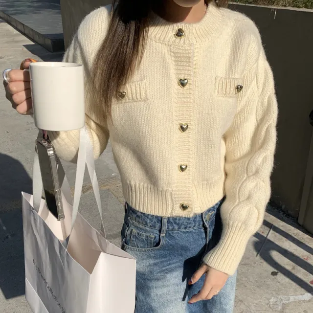 Heart Buckle Cable knit Sweater Coat For Women Autumn Beige - Shop at LoveMi