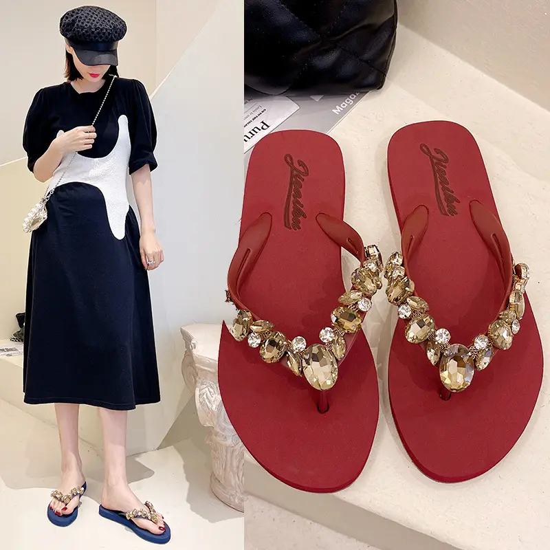 Womens Colored Glass Flat Rhinestone Slippers