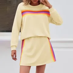 Simple Loose Rainbow Round Neck Sweater Trousers Two-piece Set - Apricot - View 1