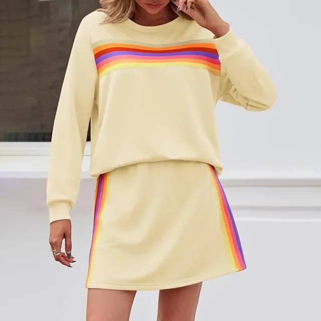 Simple Loose Rainbow Round Neck Sweater Trousers Two piece Set Apricot - Shop at LoveMi
