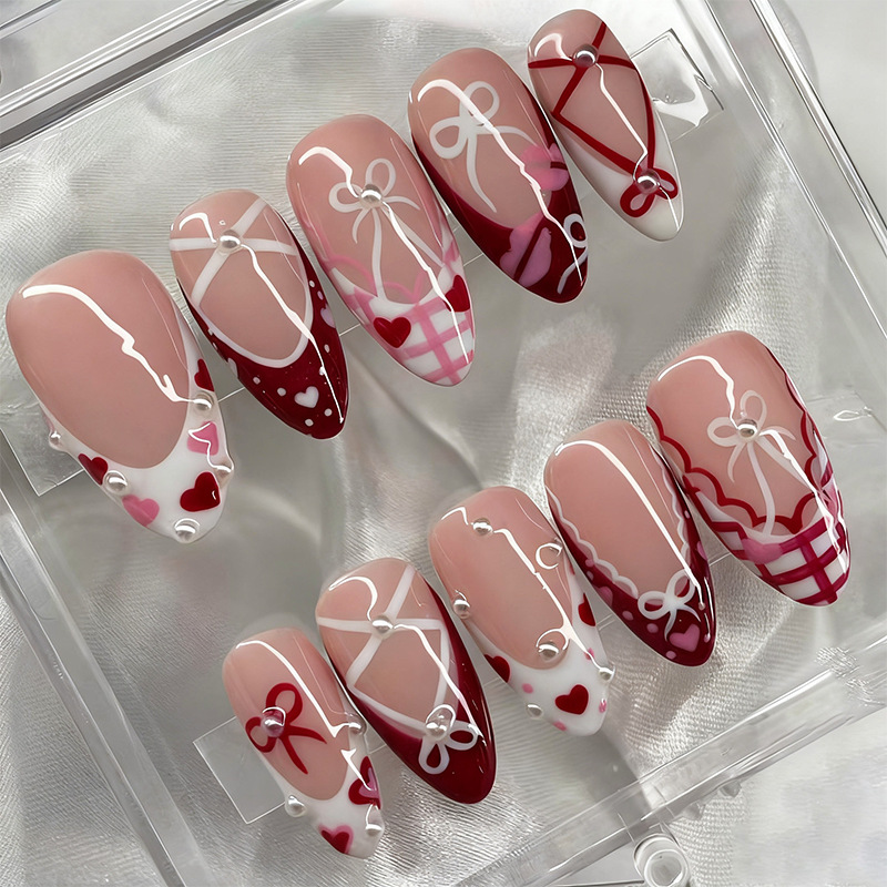 High-End French Almond Artificial Nails For Valentines Day