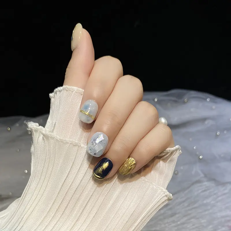 Women's Navy Blue Short Handmade Nail Sticker