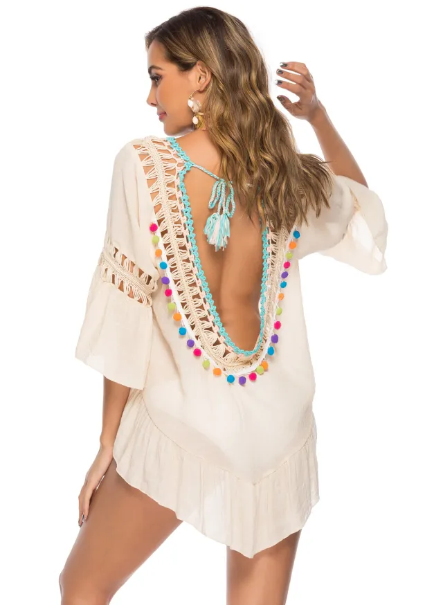 Hollowed out Backless Beach Cover up With Colorful Pom poms And Tassels Apricot - Shop at LoveMi
