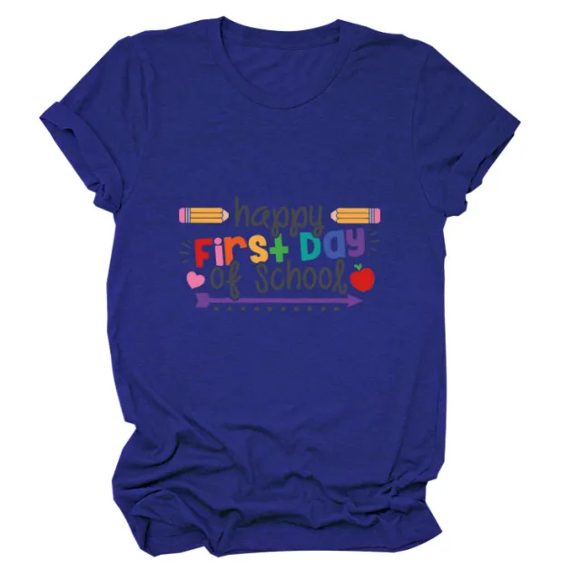 Loose Women's Short sleeved Shirt Happy First Day Of School Retro Blue Color Picture - Shop at LoveMi