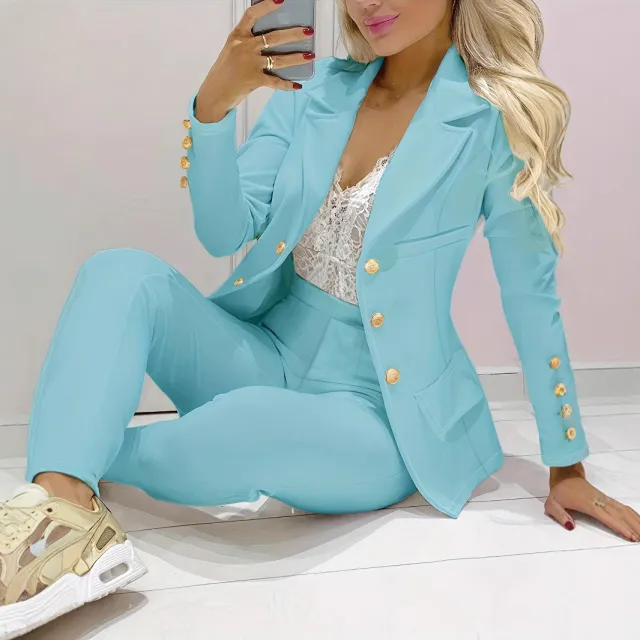 Formal Suit Work Clothes Casual Double Row Buttons Fashionable Suit Sky Blue - Shop at LoveMi