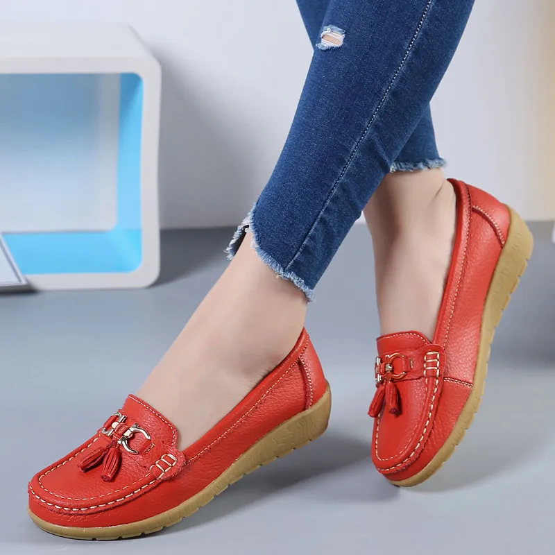 Genuine Leather Non-slip Beef Tendon Flat Loafers Women's Pumps Slip-on Plus Size Women's Shoes - Red