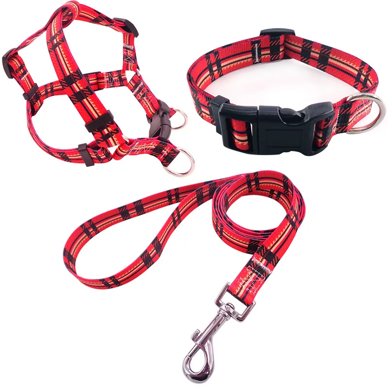 Pet Printing Collar Rope Chest Strap Traction Three-piece Set - Red Plaid