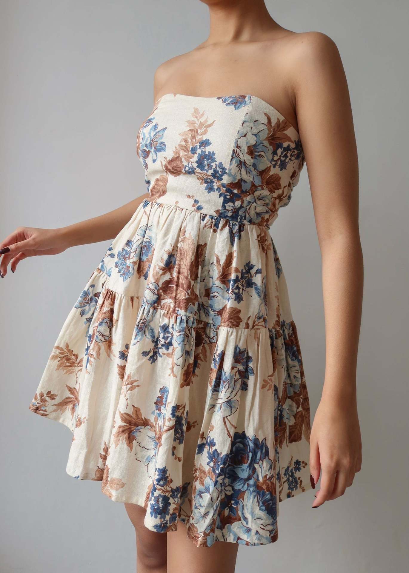 Floral Print Strapless Dress With Straps And Sleeveless Mini Skirt