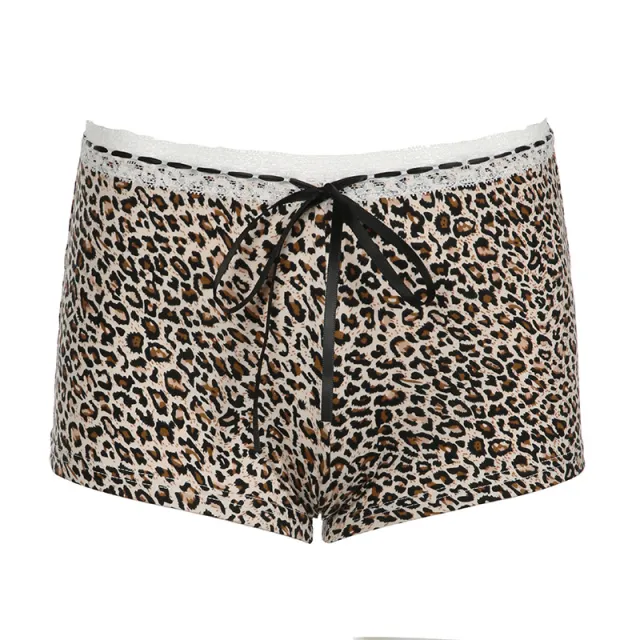 European And American Leopard Print Lace Stitching Lace Casual Shorts Low Waist Lace up Bow Slim Fit Leopard - Shop at LoveMi