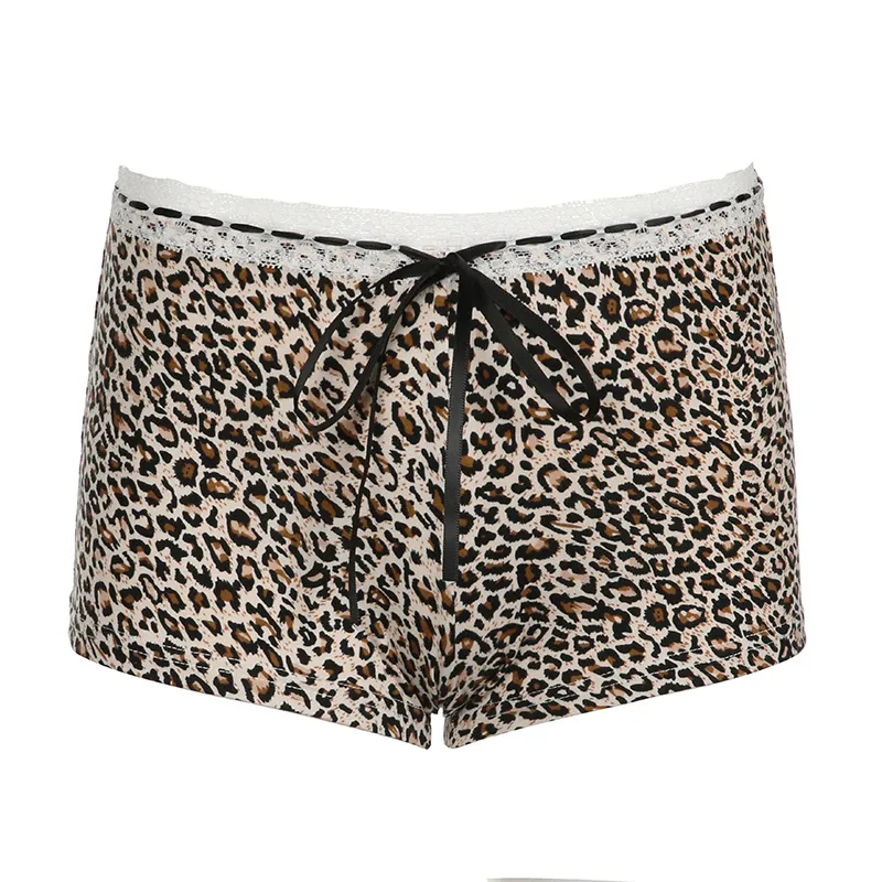 European And American Leopard Print Lace Stitching Lace Casual Shorts Low Waist Lace-up Bow Slim Fit - Leopard