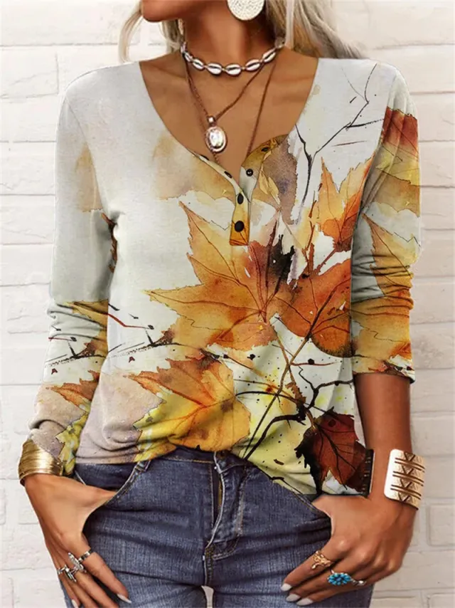 Loose Long Sleeve Geometric Floral U neck Button 3Style - Shop at LoveMi