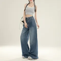 Summer Design Super Wide Slimming Waist Loose Drooping Mop Pants - Retro Blue Trousers - View 1