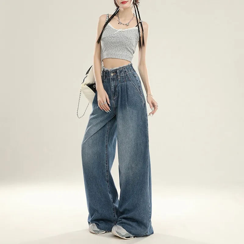 Summer Design Super Wide Slimming Waist Loose Drooping Mop Pants - Retro Blue Trousers