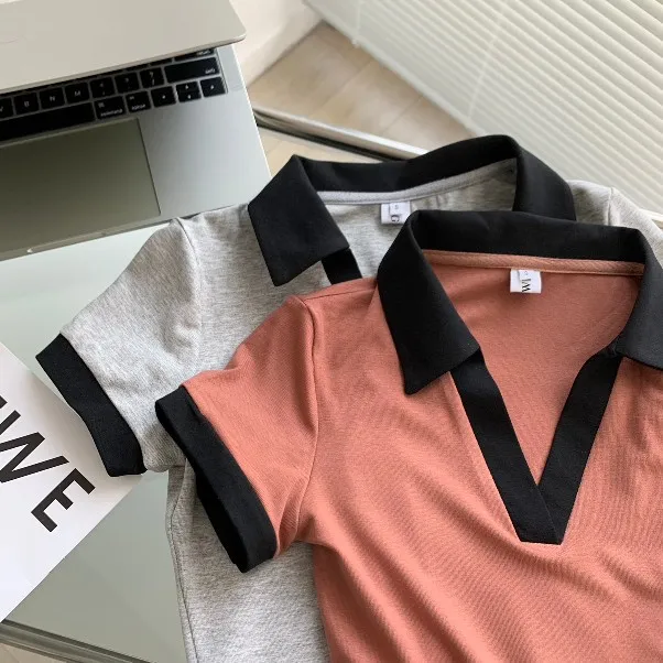 V collar Contrast Color Polo Shirt Short Slim T shirt Top Brick Red - Shop at LoveMi