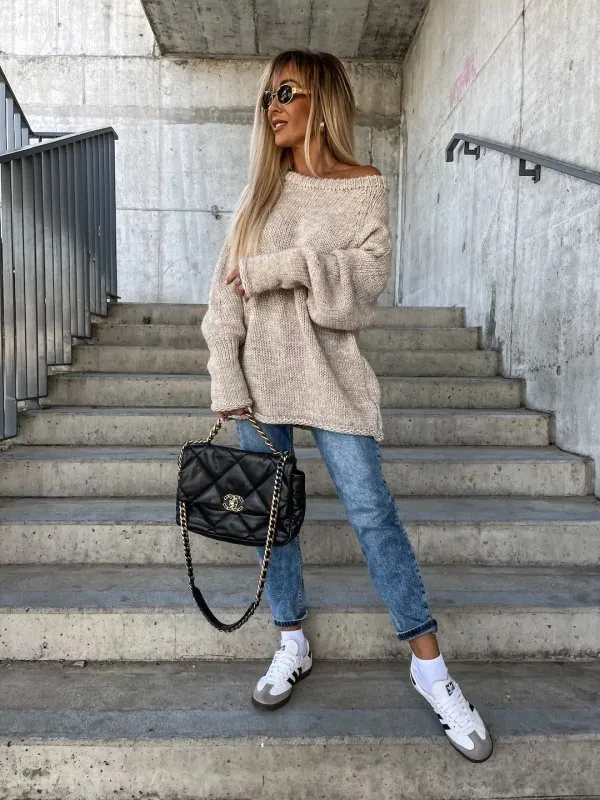 Strapless Round Neck Pullover Knitting Temperament Commute Loose Sweater Creamy White - Shop at LoveMi