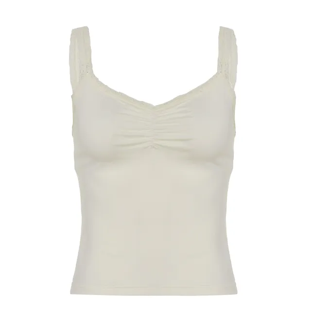 Lace Stitching Pleated Spaghetti Strap Tank Top Tan - Shop at LoveMi