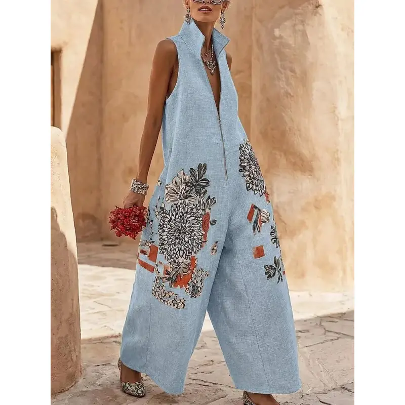 Stand-collar Sleeveless Casual Wide-leg Cotton-linen Jumpsuit