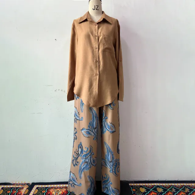 Summer New Cardigan Shirt High Waist Loose Trousers Two piece Suit Khaki - Shop at LoveMi