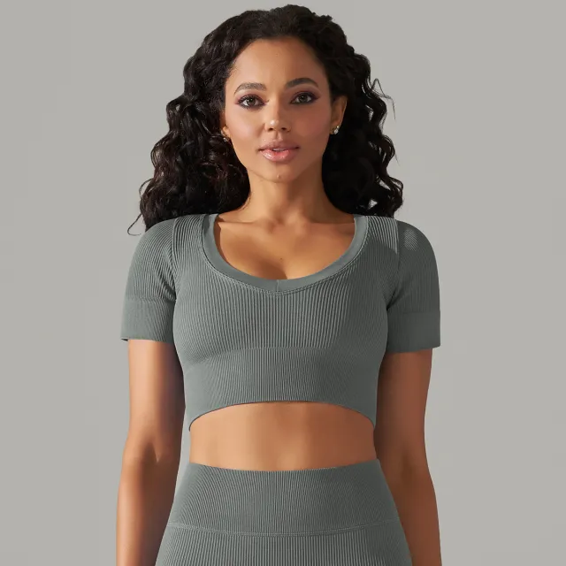 Seamless Rib Solid Color Sexy Beauty Back Yoga Clothes Sports Running Fitness Gray - Shop at LoveMi