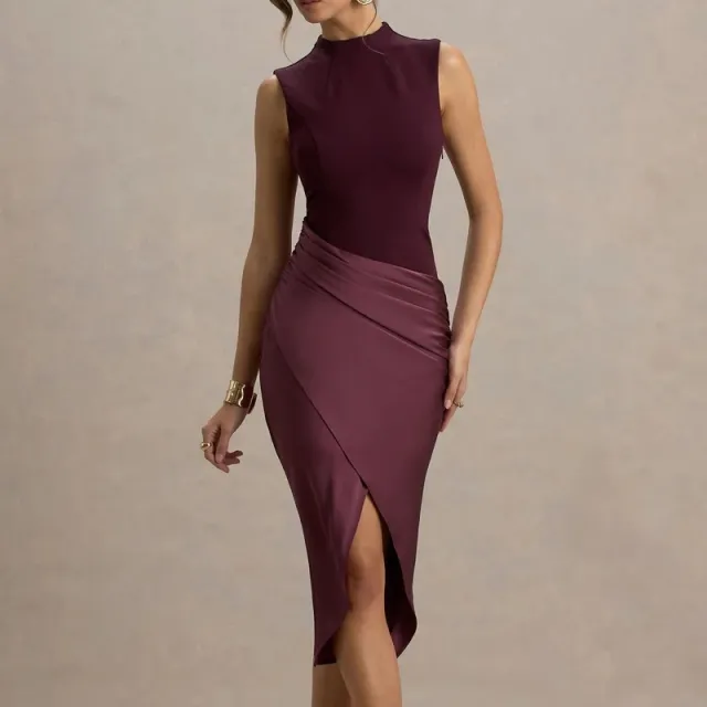 Women's Sleeveless Slit Red Elegant Satin Maxi Dress Wine Red - Shop at LoveMi