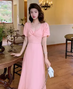 Bell Sleeve New Fashion Banquet Pure Desire Mid-length Square-neck Cinched Dress - Pink - View 1