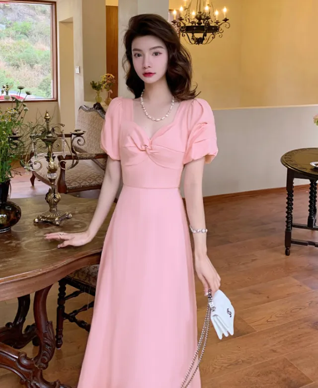 Bell Sleeve New Fashion Banquet Pure Desire Mid length Square neck Cinched Dress Pink - Shop at LoveMi
