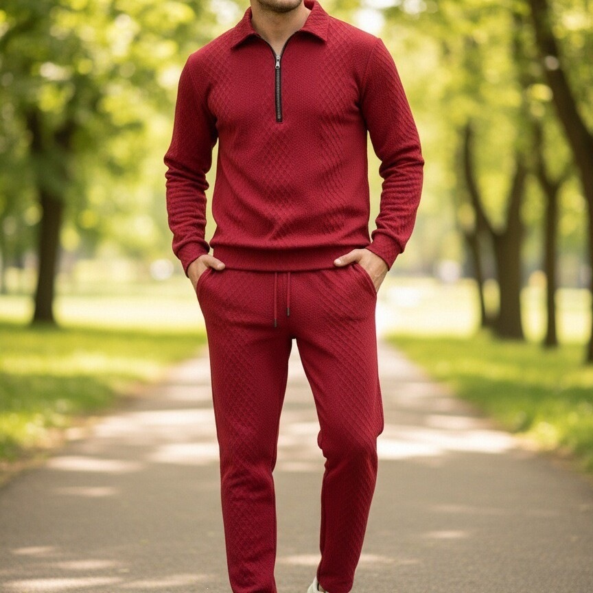Mens Jacquard Polo Sweater And Pants Set With Lapel Collar