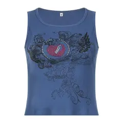 Summer Womens Stylish Rhinestone-printed Slim-fit Tank Top - Blue - View 1