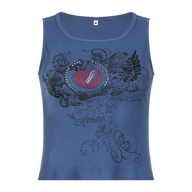 Summer Womens Stylish Rhinestone printed Slim fit Tank Top Blue - Shop at LoveMi