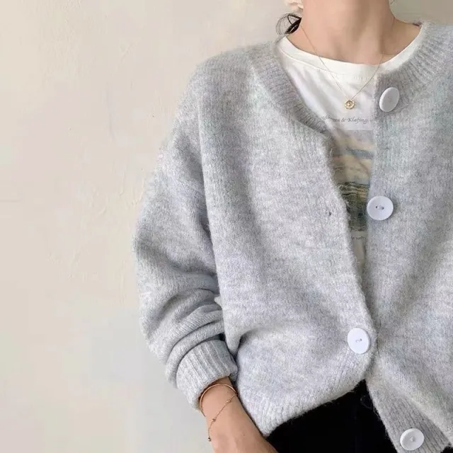 Autumn And Winter Loose Outer Wear Retro Japanese Solid Color Short Top Sweater Gray And White - Shop at LoveMi