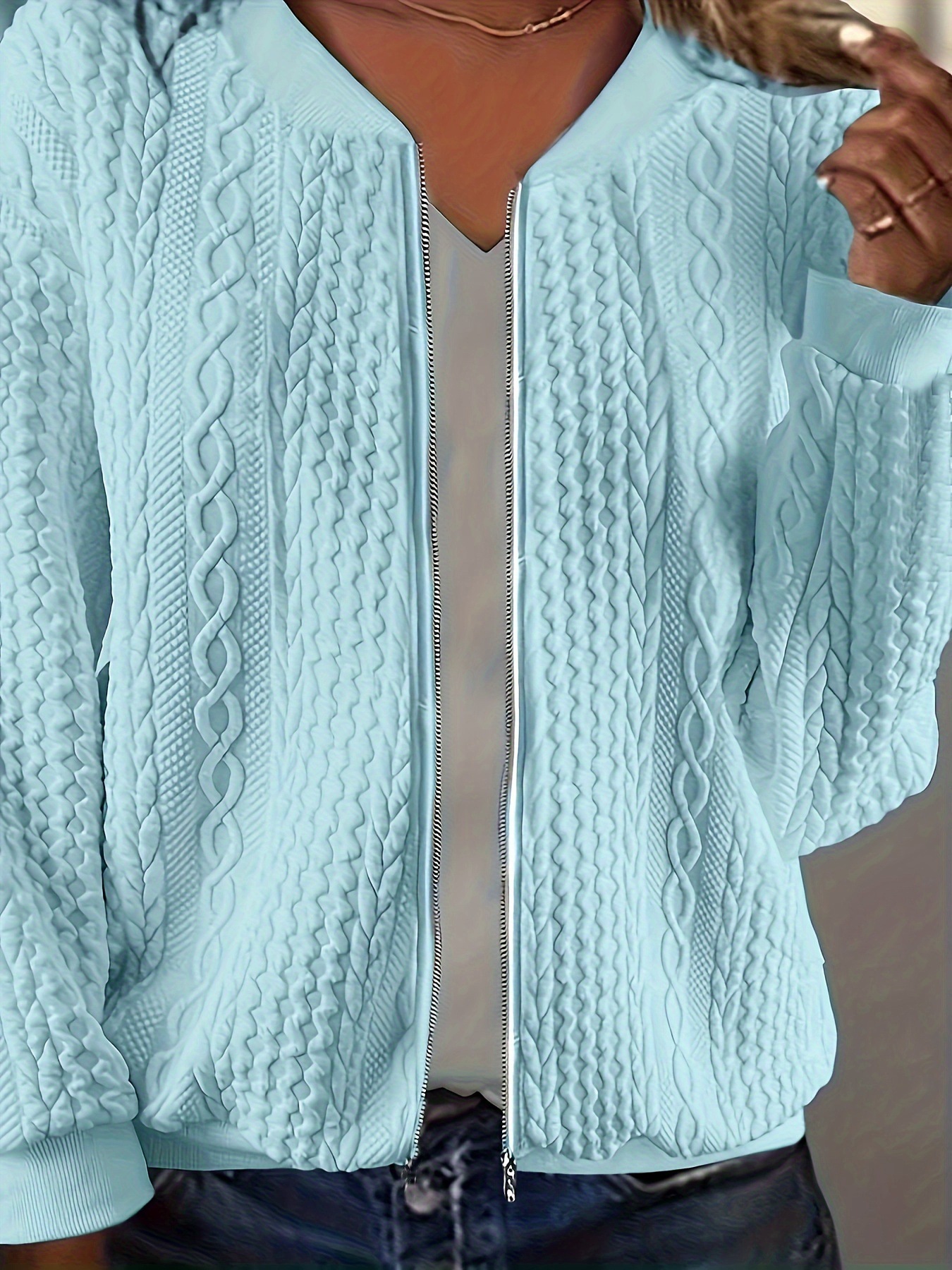 Womens Solid-color Plus-size Zip-up Cable-knit Long-sleeve Jacket