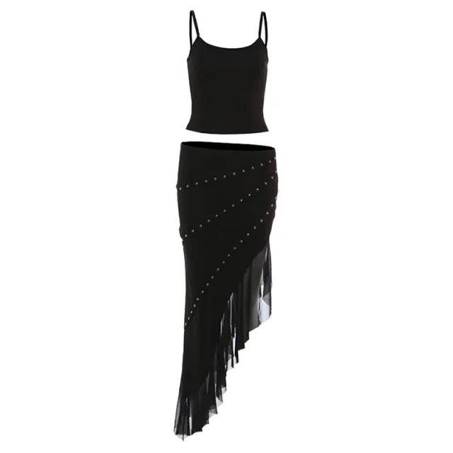 New Womens Outfit Figure flattering Spaghetti strap Tank Top Paired With A Mesh panel Studded Skirt Black - Shop at LoveMi