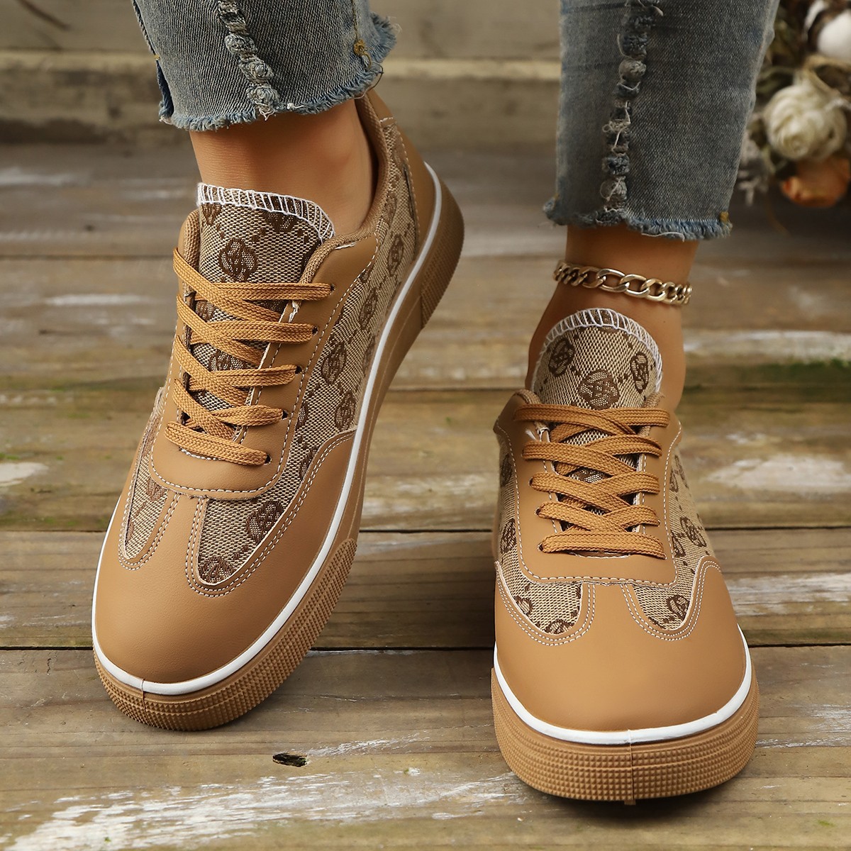 Outerwear Lace-up Low-top Flat Single-layer Shoes Sneakers Sports Khaki 36