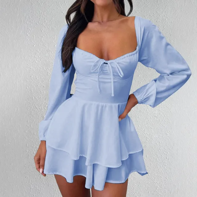 Women's Backless Drawstring Long Sleeve Dress Blue - Shop at LoveMi