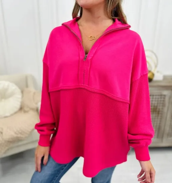 Women's Clothing Loose Zip Patchwork Sweater Rose Red - Shop at LoveMi