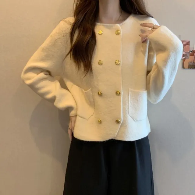 Solid Color Double Breasted Round Neck Knitted Cardigan Beige - Shop at LoveMi