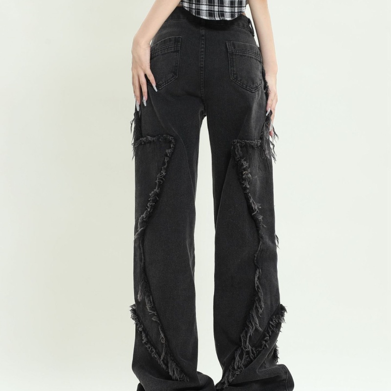 Women's Retro Wide Leg Frayed Five-pointed Star Jeans Simple