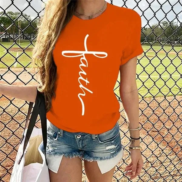 Letter Print Pattern Round Neck Short Sleeve T shirt Orange - Shop at LoveMi