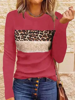 Women's Simple Casual Printing Long Sleeved Fitted T-shirt - Rose Red - View 1