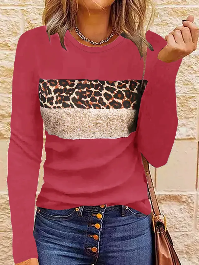 Women's Simple Casual Printing Long Sleeved Fitted T shirt Rose Red - Shop at LoveMi