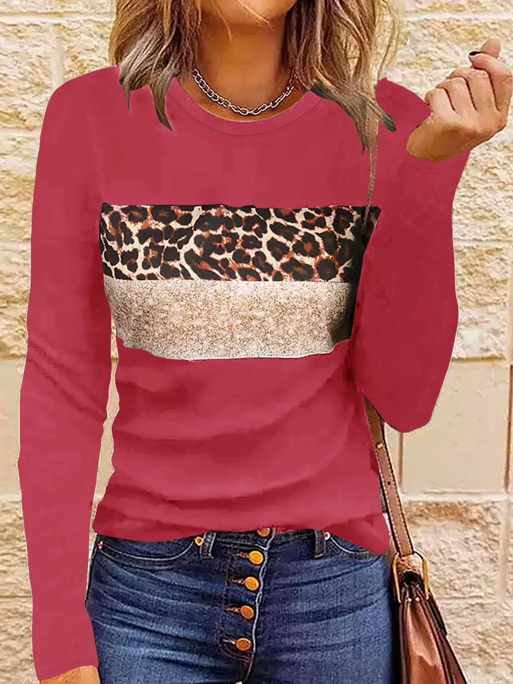 Women's Simple Casual Printing Long Sleeved Fitted T-shirt - Rose Red