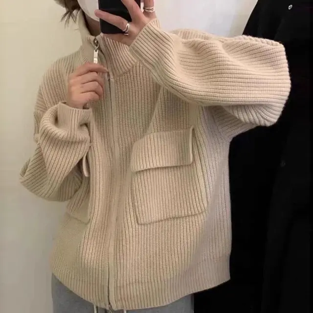 Double Zipper Knitted Cardigan Women Coat Apricot - Shop at LoveMi