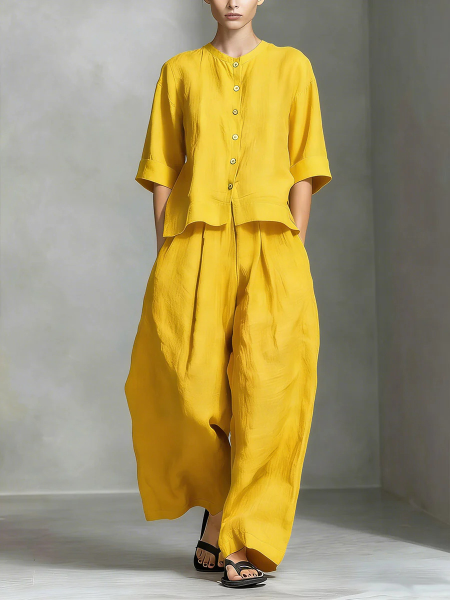 Yellow three-quarter sleeve shirt and loose trousers two-piece set – solid color casual women's fashion