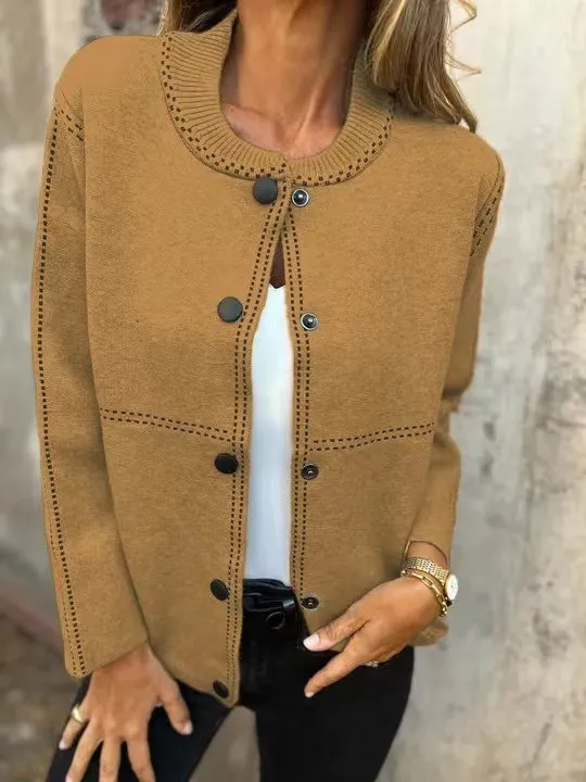 Ins Black striped Button Cardigan Fashion Sweater Loose Round Neck Long Sleeve Cropped Tops Women's Clothing Khaki - Shop at LoveMi