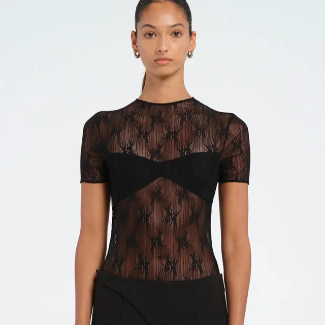 Jacquard Mesh See through Pleated Slim Fit Short Sleeve Rompers Black - Shop at LoveMi
