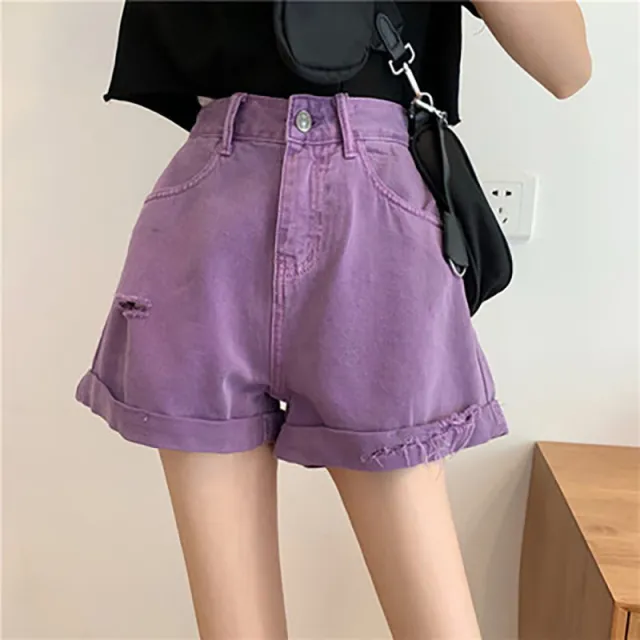 Women's Loose And Irregular High Waist Denim Shorts Purple - Shop at LoveMi