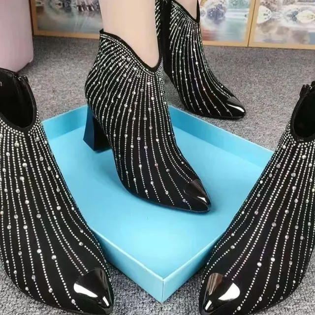 New Pointed Toe Anti collision High Heel Starry Rhinestone Booties Women Black - Shop at LoveMi