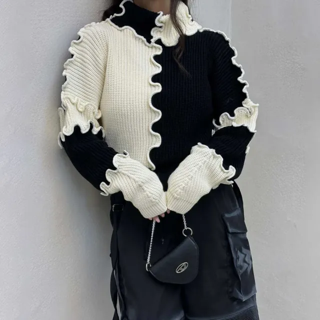 Fashionable Stringy Selvedge Large Color Block Contrast Color Sweater Zy4526 Black And White - Shop at LoveMi